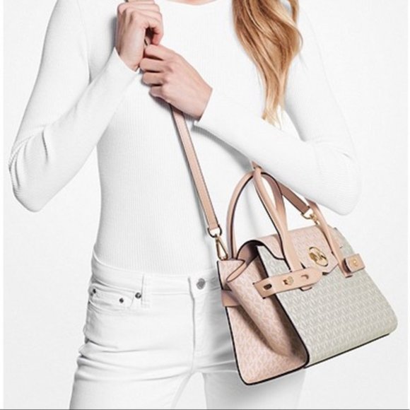 Michael Kors Carmen Medium Logo and Faux Leather Belted Satchel - Picture 15 of 16